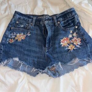 American Eagle Outfitters Blue Denim Shorts with Floral Embroidery